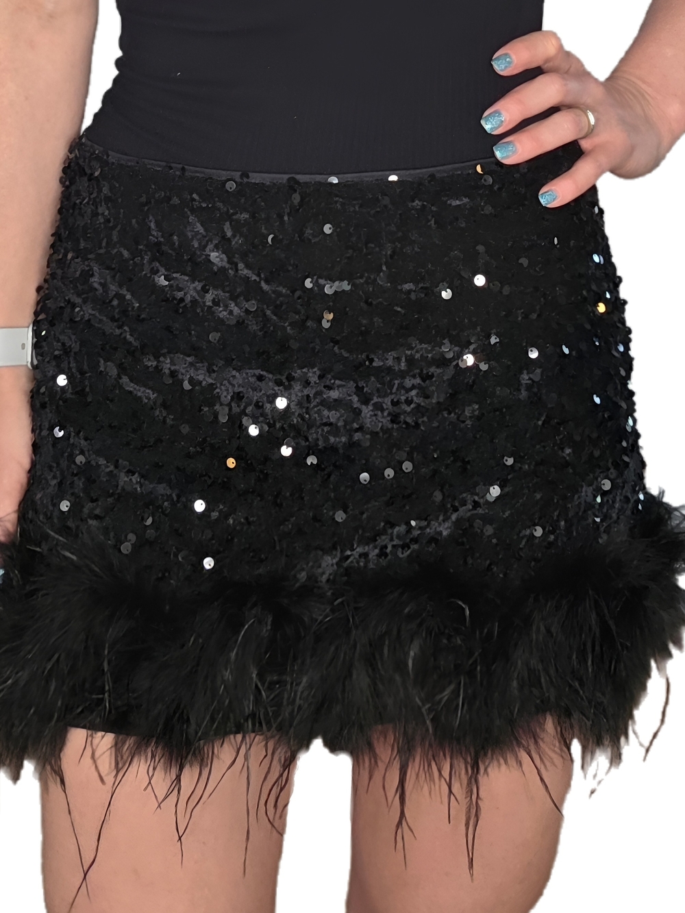 NWT Windsor Black Sequin Mini Skirt with Feather Hem Size Small